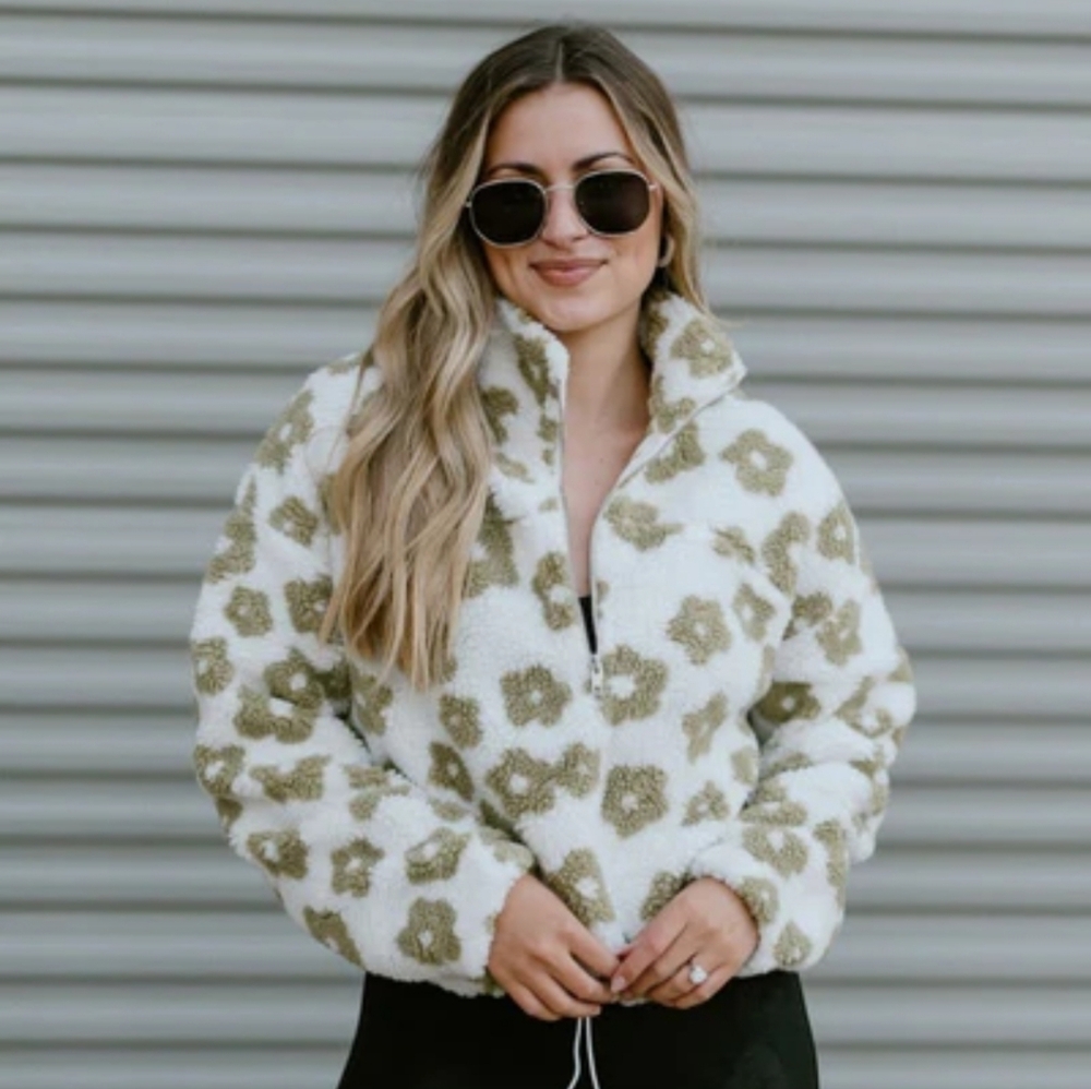 HYFVE Cream Teddy Jacket with Olive Floral Print